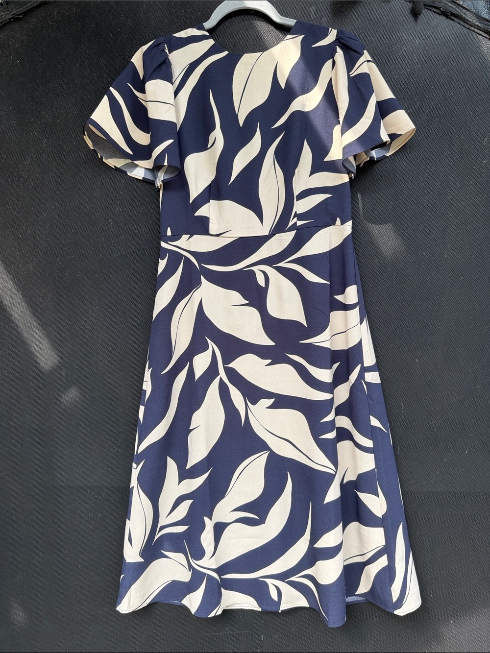 Ann Taylor Navy and Cream Leaf-Print Midi Dress